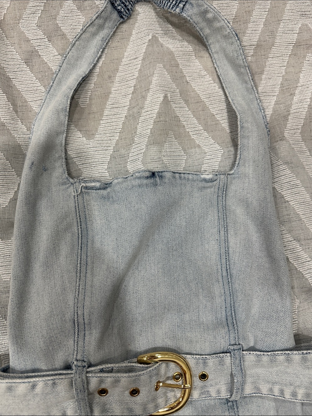 Show Me Your MuMu Light Blue Denim Halter Mini Dress with Gold Buckle - Picture 4 of 9